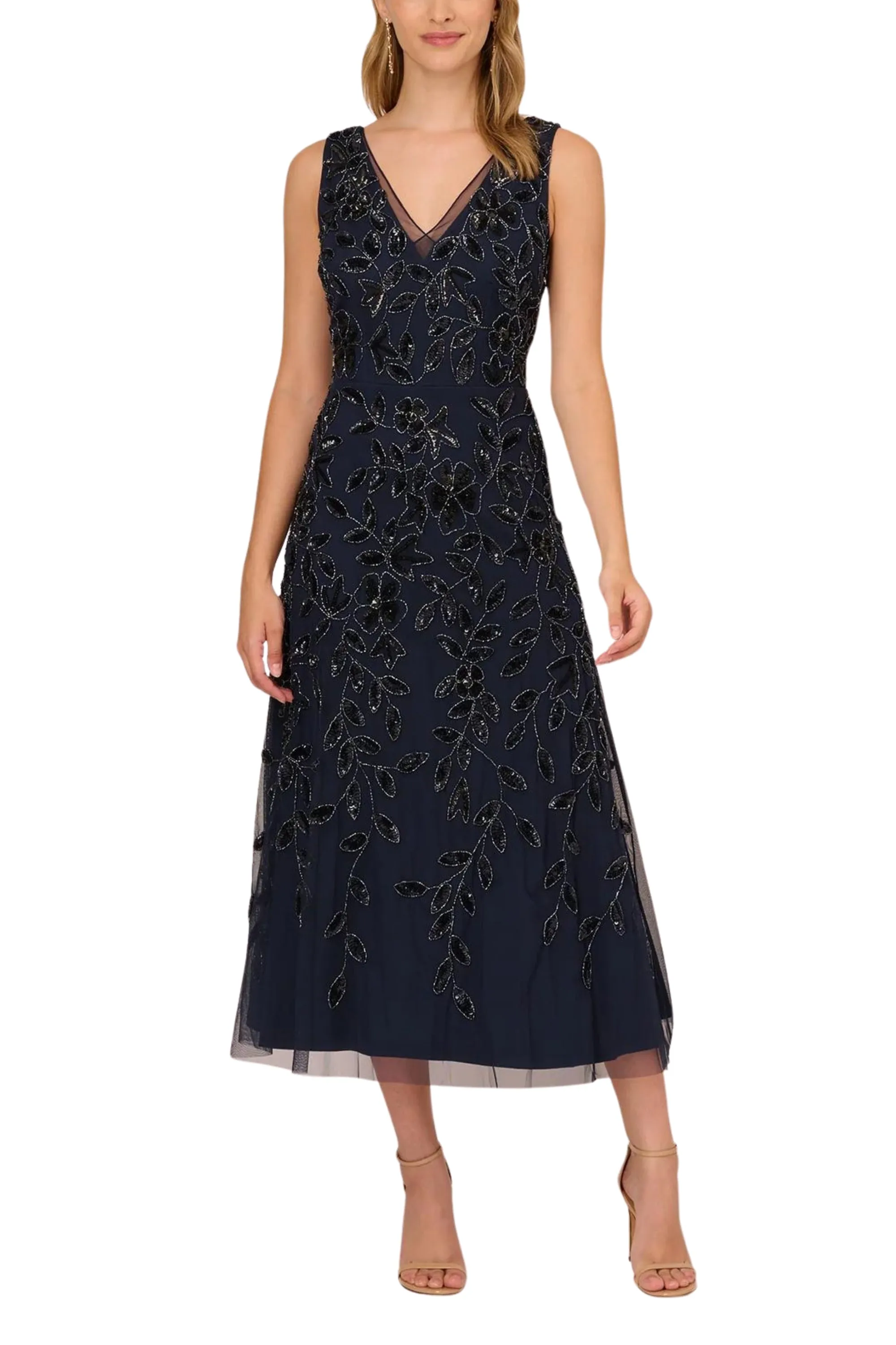 Adrianna Papell Embellished V-Neck Midi Dress
