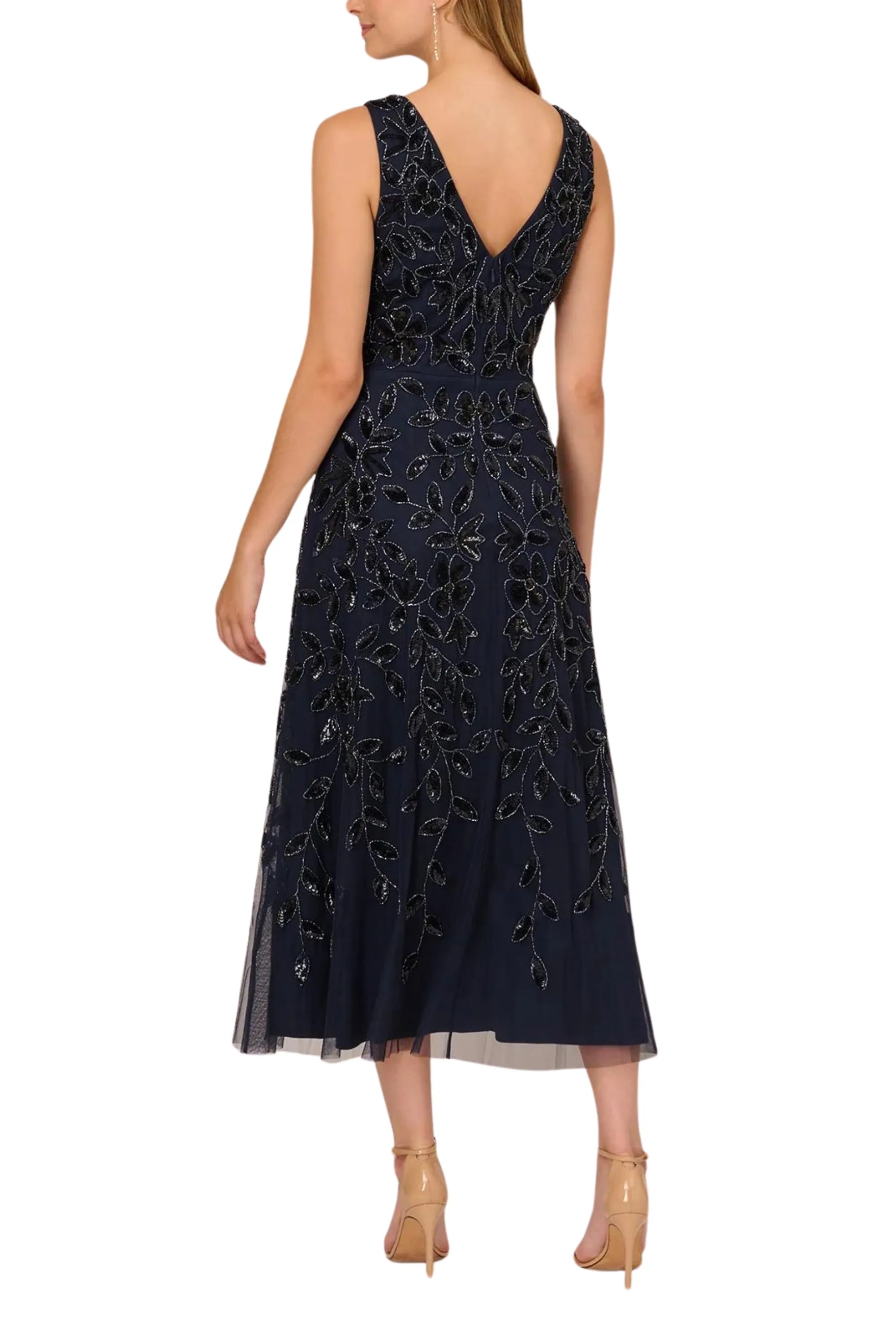 Adrianna Papell Embellished V-Neck Midi Dress