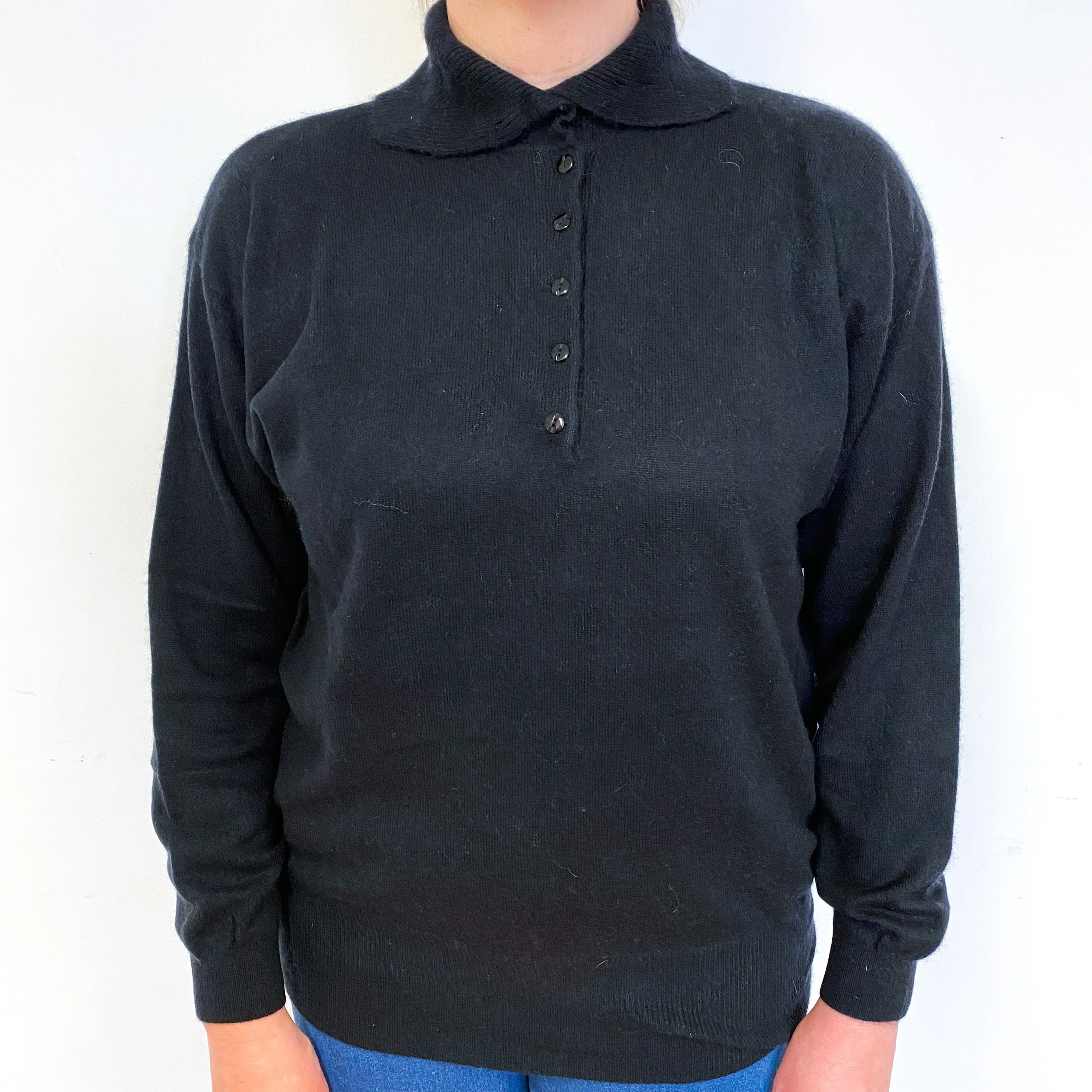 Black Cashmere Collared 1/4 Button Jumper Large
