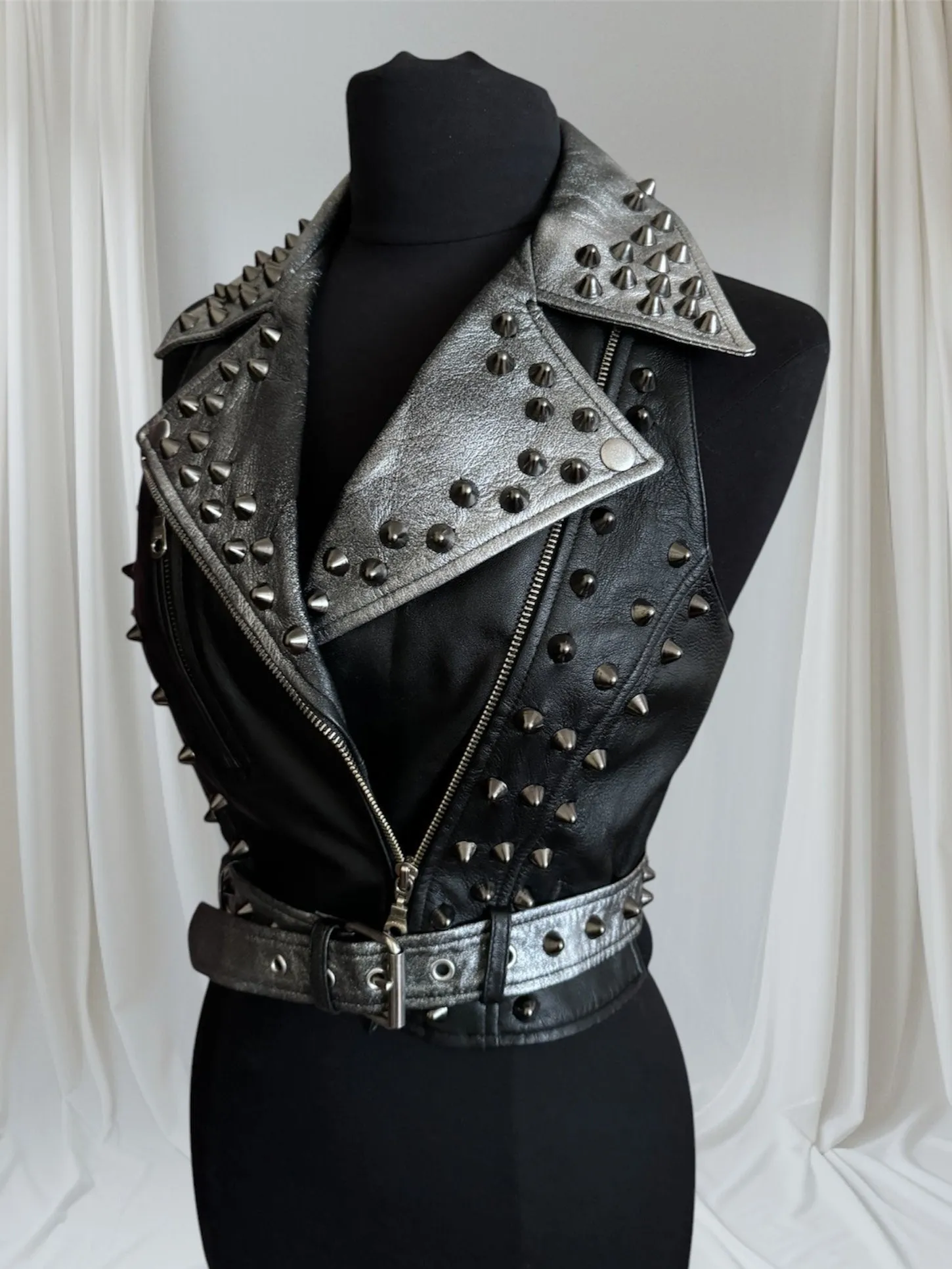 Black Spiked Studded Leather Punk Vest, Small