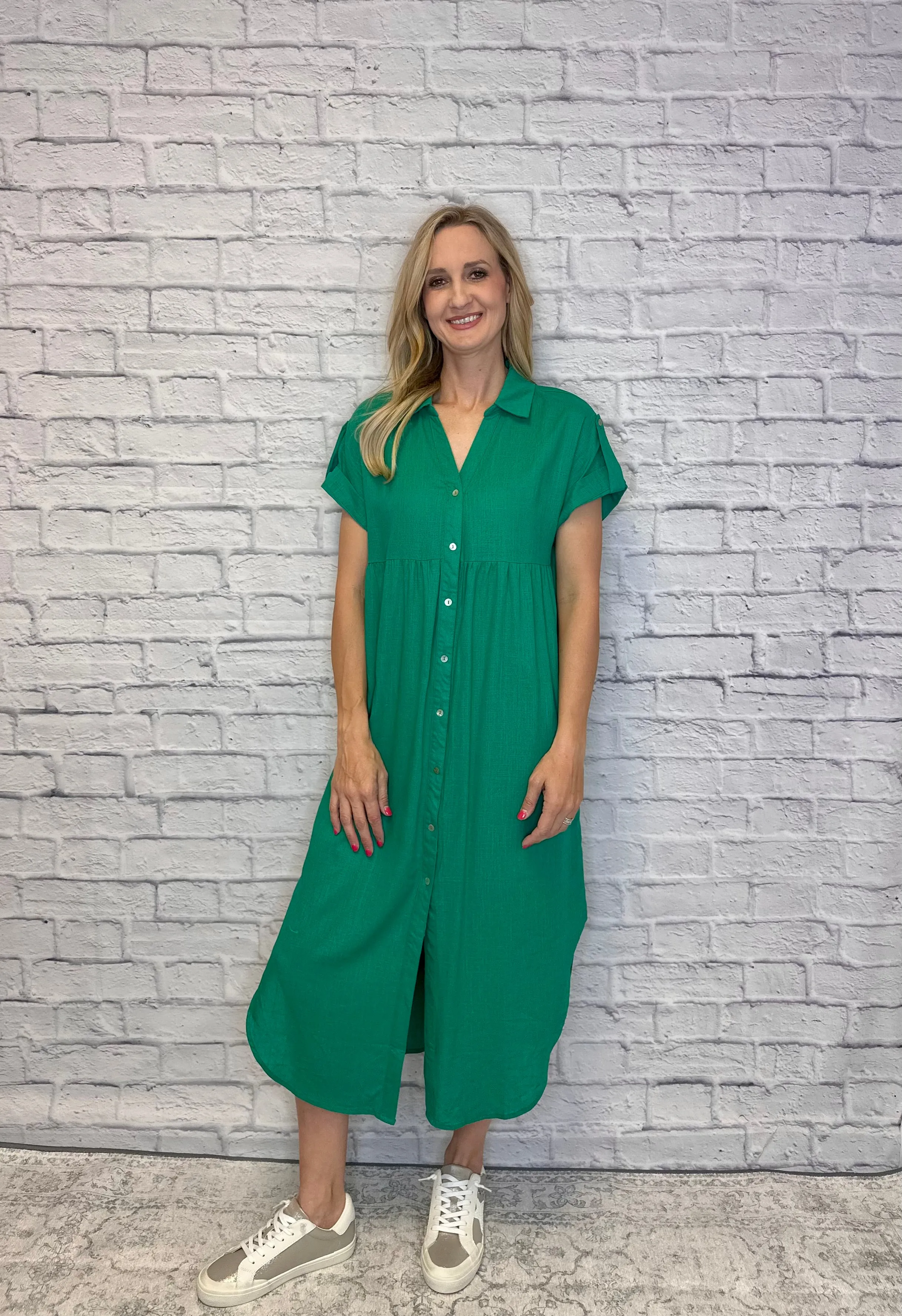 Collared Button Up Shirt Dress in Kelly Green