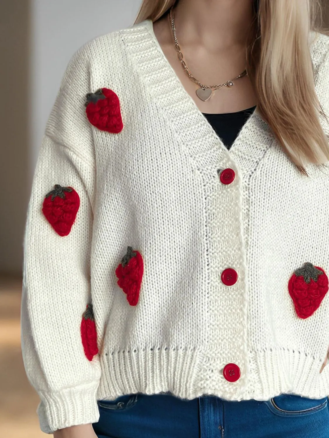 Crochet Strawberry V-Neck Long Sleeve Cardigan