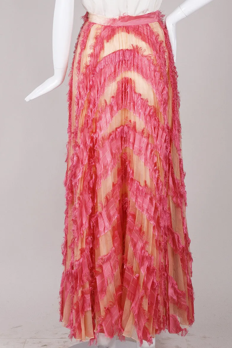 Peach and Pink Fringed Trim Pleated Maxi Skirt