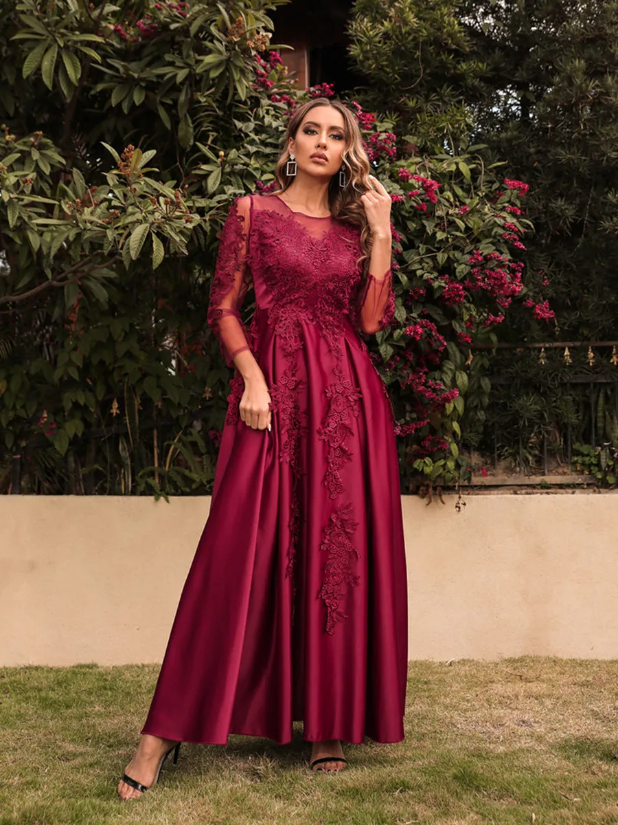 Satin A Line Long Sleeves Burgundy Party Dress