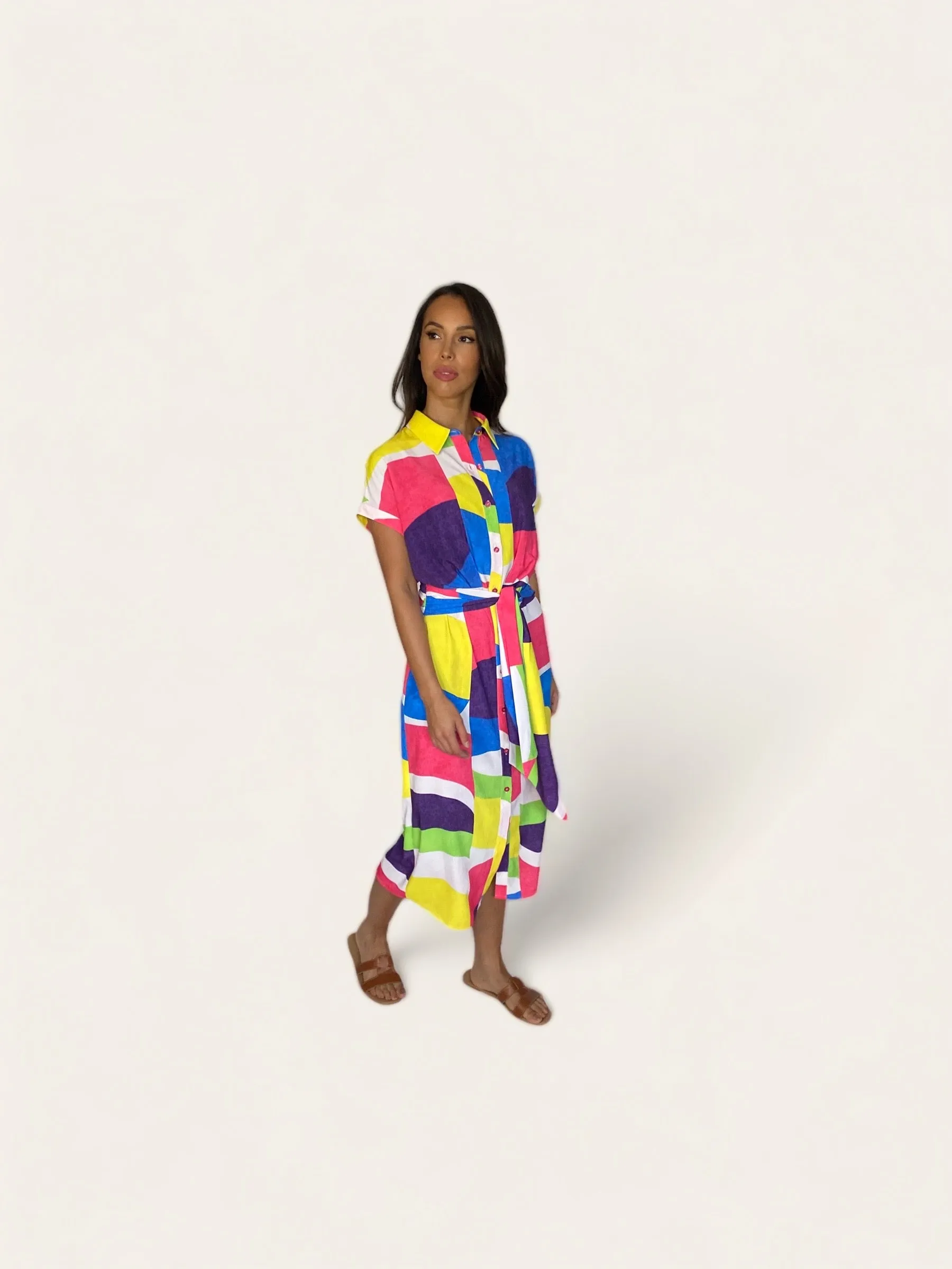 VERA SLEEVELESS SHIRT DRESS (WAVEY/MULTICOLOUR)